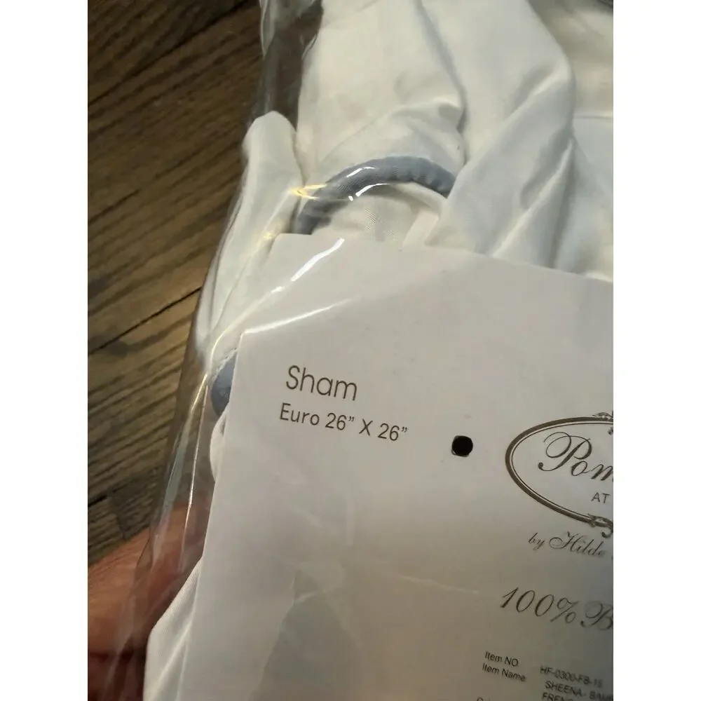 Pom Pom at Home Sheena Sateen Euro Pillow Sham Bamboo White Blue Trim NEW $103